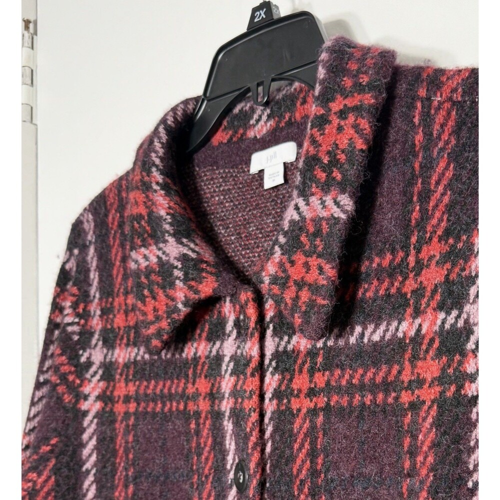 J. Jill Sweater Jacket Plaid Button Front Wool Blend Knit pockets! medium